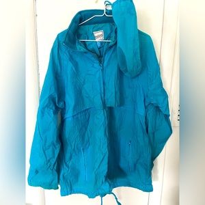 Vintage Women’s Blue Wind Breaker Jacket Light Weight + Hidden Zipper Hood & Bag